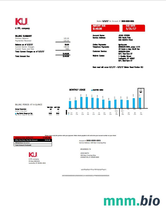 Szablon rachunku za energię elektryczną USA Kentucky w formacie Word i PDF
